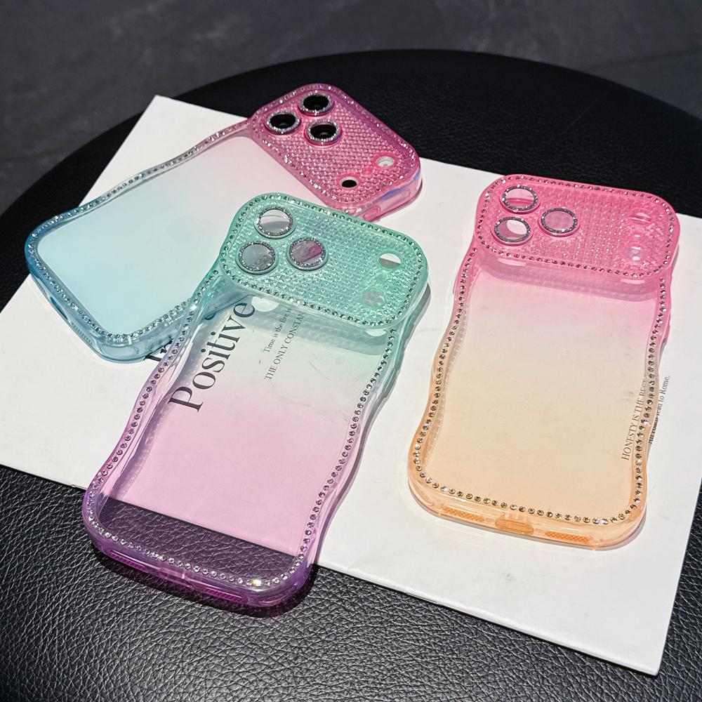 KEYSION Rhinestone Phone Case for iPhone 13 14 15 16 17 Pro Max 17 Air 16 Plus Transparent Wavy Lens Protector Shockproof Back Cover