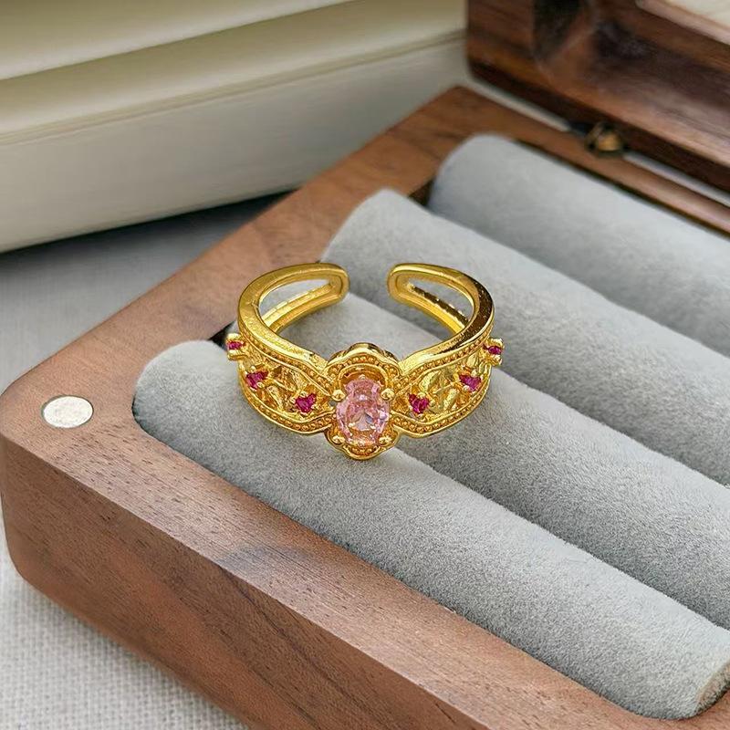 Medieval Vintage Pink Zircon Colored Treasure Open Ring Niche Light Luxury High Sense Stacked With Diamond Rings Woman