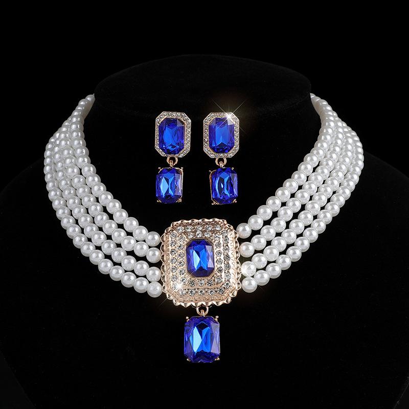 Square gemstone full diamond earrings necklace set choker multi-layer bridal anti-pearl necklace earrings