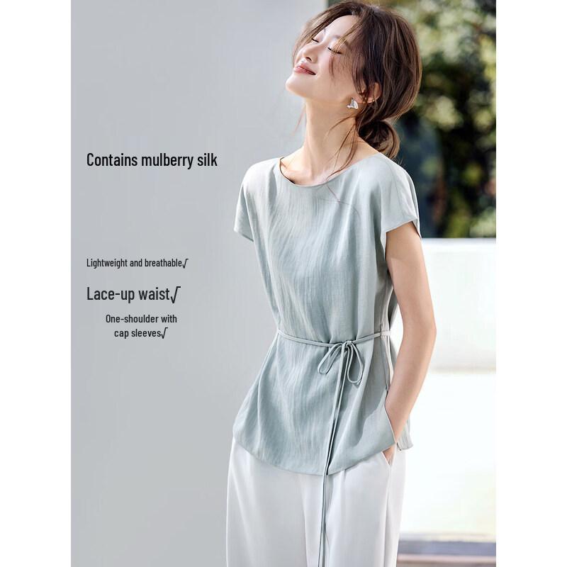 Mohanyimei Women s Summer Cap Sleeve Tie-Waist Blouse 2XL