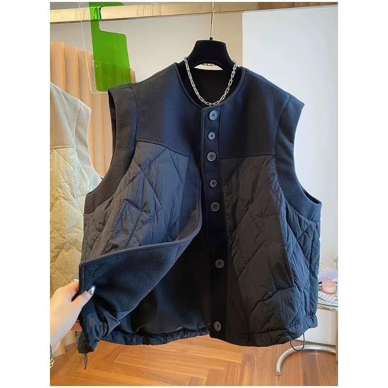 Fashionable Loose Wool Blend Vest Women Autumn Winter Sleeveless Quilted Outerwear Casual Waistcoat