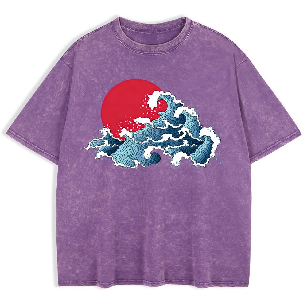 Japanska Harajuku Vågmönster Tvättade T-shirts Herr Bomull Överdimensionerad T-shirt Sommar Rund Hals Kortärmade Toppar Mjuka Kläder