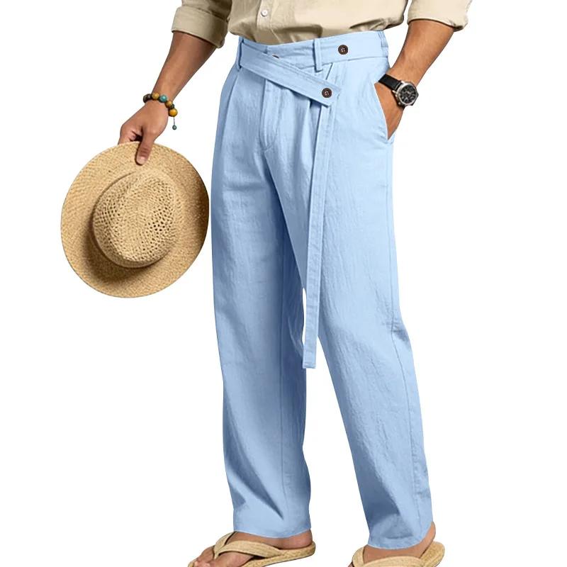 

Men Linen Casual Trousers Loose Straight Leg Oblique Waist Business Beach Travel Commute Pants M світло-синій колір