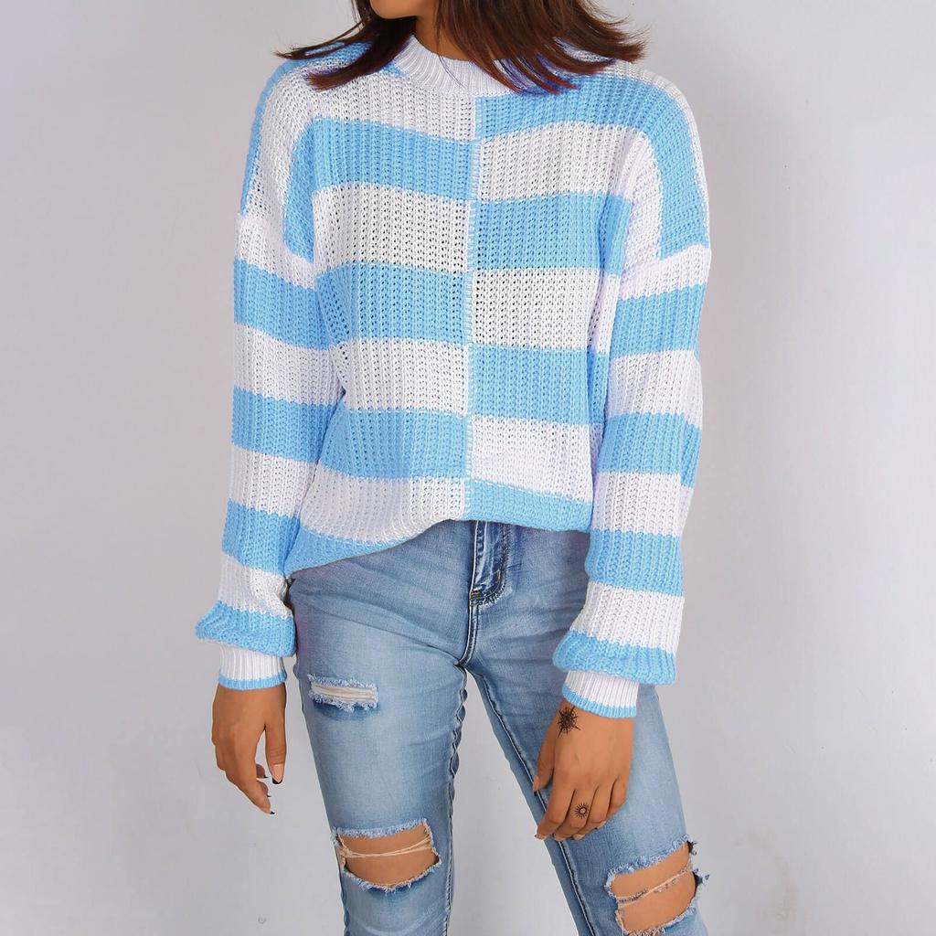 Women's Round Neck Irregular Pullover Base Contrasting Color Knitted Sweater Long Sleeved Sweater