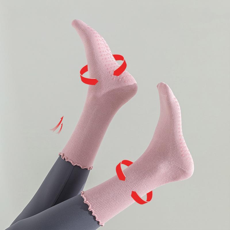3 Pairs Solid Yoga Socks for Women Cotton Breathable Mid-calf Yoga Socks Pliates Sport Fitness Non-slip Grip Floor Socks Ruffle