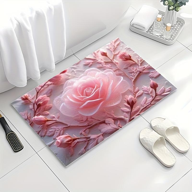 1Pcs  Pink Rose Pattern Floor Mat Modern Kitchen Polyester Rug Non-Slip Colorful Indoor Carpet, For Home Bathroom Bedroom Living Room Decor