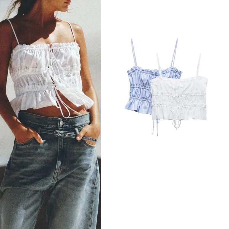 Spring New French Style Pure Desire Straight Collar Camisole Bowknot Decoration Poplin Tops 3067055 3411025