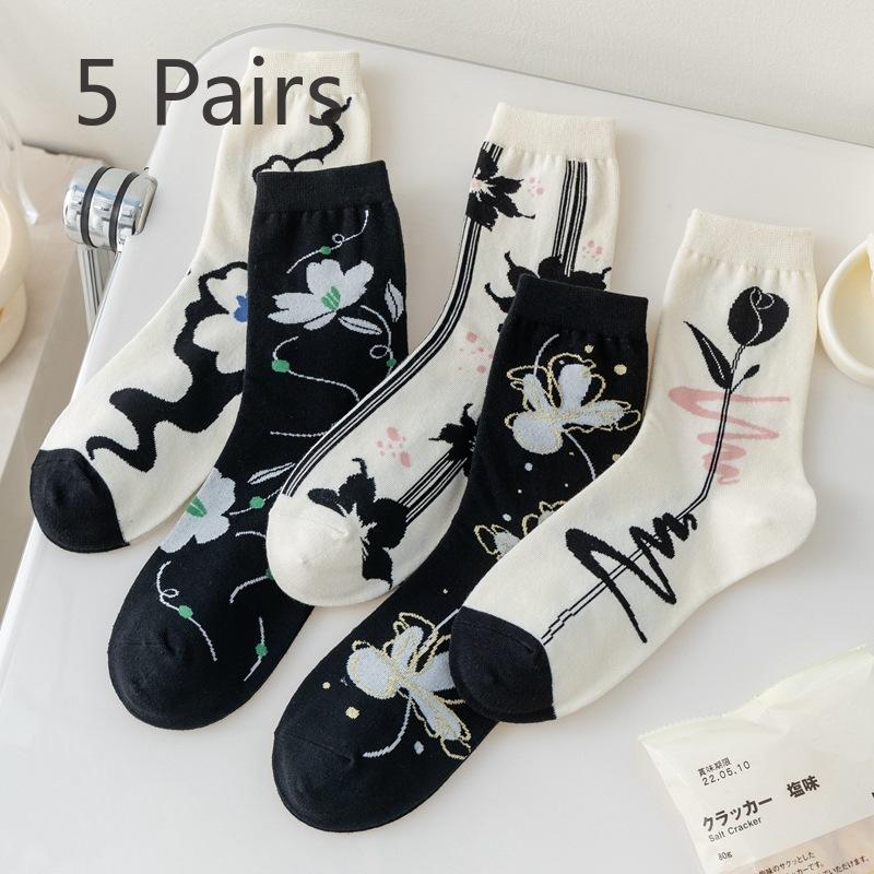 5 Pairs of Cute Socks for Girls, Mid-calf Socks, Trendy and Retro Lace, Students Wearing Long Socks for Girls