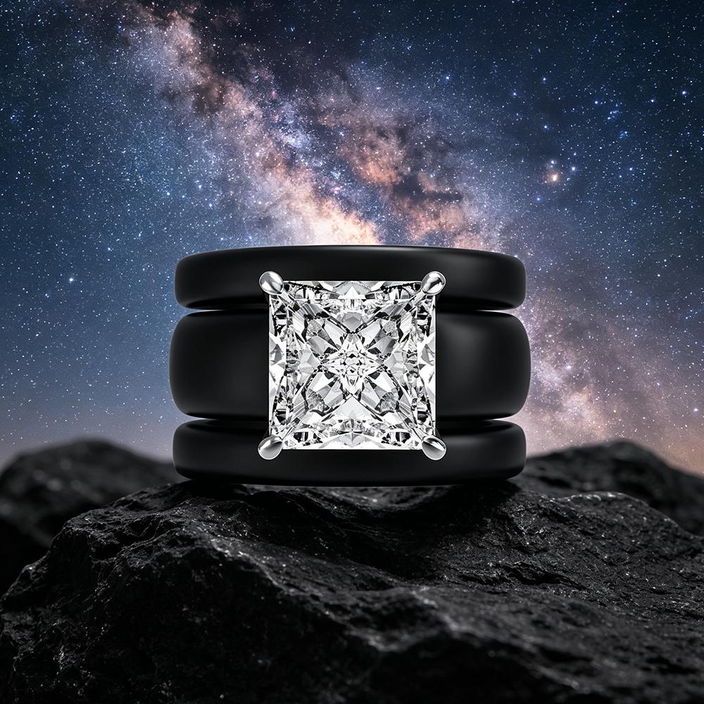 Princess Cut Cubic Zirconia Ring with 3-Layer Black Ceramic Band, Modern Chunky CopperPlated Statement Ring, Bridal Promise Jew