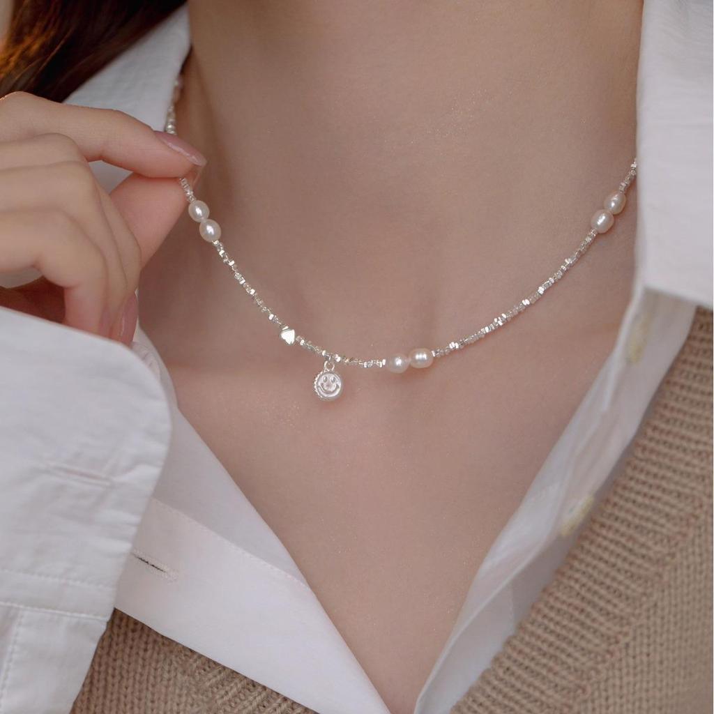 S925 Sterling Silver Freshwater Pearl Heart Smiley Face Necklace - Women's Exquisite Light Luxury Choker