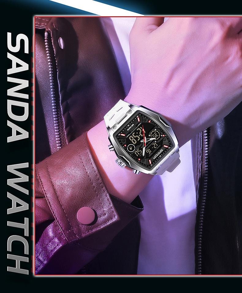 Sanda Dual-Movement Barrel Watch: Luminous Alarm, Large Dial, Multifunctional Student Watch.