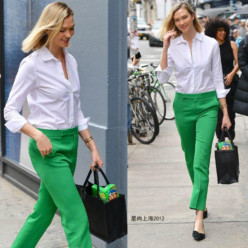 

Same Style Green Slim-Fitting Ankle-Tied Stretch Professional Ankle-Length Pants Supermodel Karlie Green Pants M