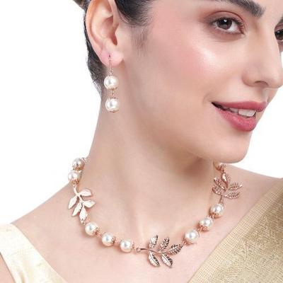 Rose Gold Leaf Pearl Designer Necklace Set For Women