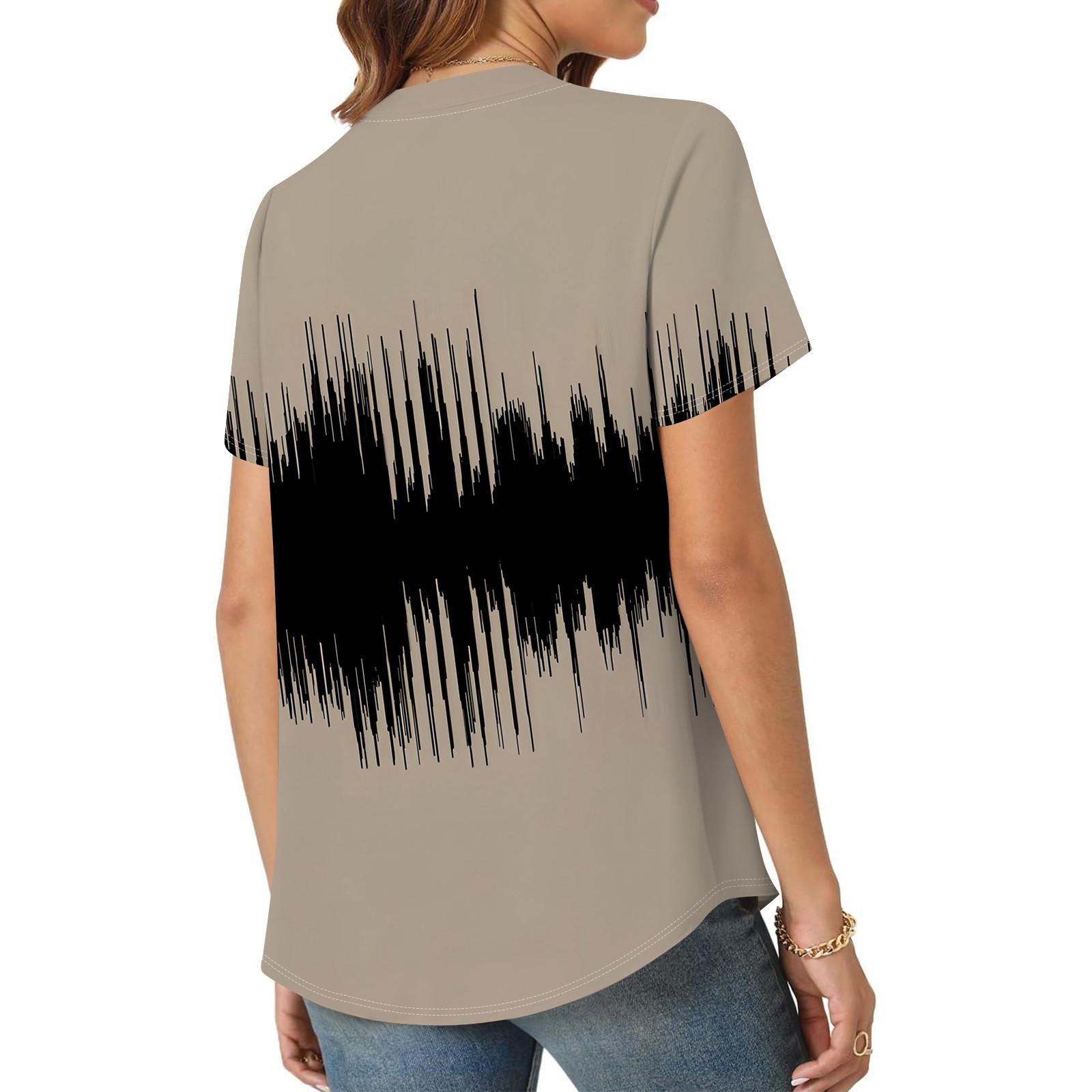 Женская повседневная свободная футболка с коротким рукавом и v-образным вырезом на груди — фото 9