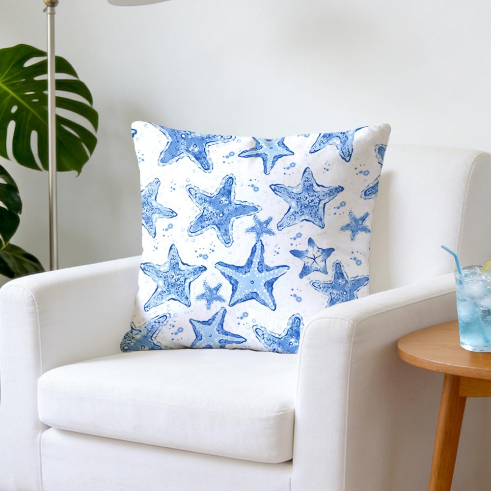 1Pcs Cushion Cover, White Background With Blue Star Patterns, Fresh And Dreamy Style, Same Print On Both Sides, Soft And Comfo