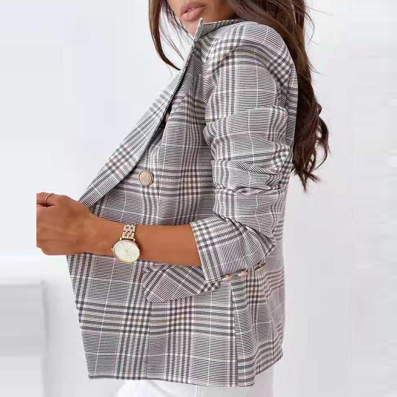 Danmo Elegancki Dopasowany Blezer Jesienny Klapy Długi Rękaw Zapinany na Guziki Kardigan Kurtka Moda Damska Wzór w Kratę Casualowe Płaszcze Garniturowe