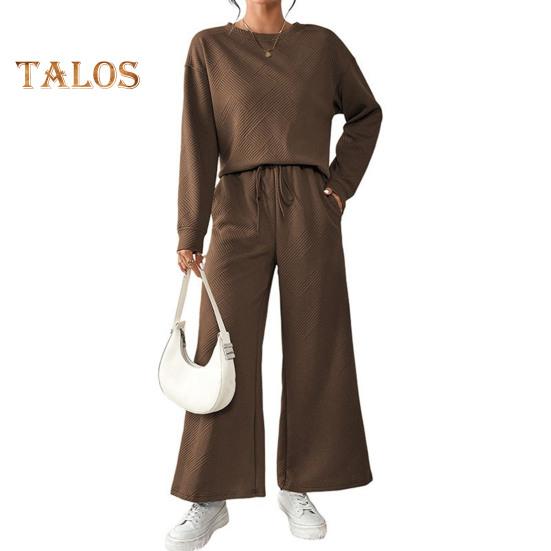 

2 шт./комплект женский топ брюки костюм O-образный вырез длинные рукава однотонный спортивный свитшот завязывающийся на резинке талия широкие брюки фитнес-наряд осень весна XL коричневый