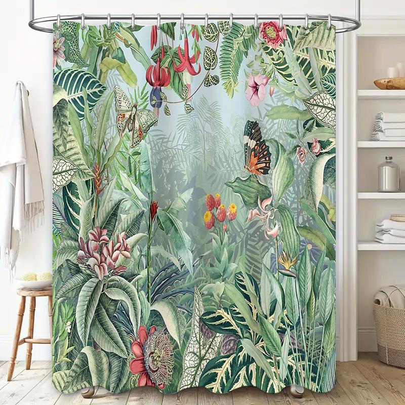 Botanical Shower Curtain Tropical Rainforest Leaves Plants Nature Scenic Backdrop Bathroom Decor Modern Farmhouse Style Waterpro