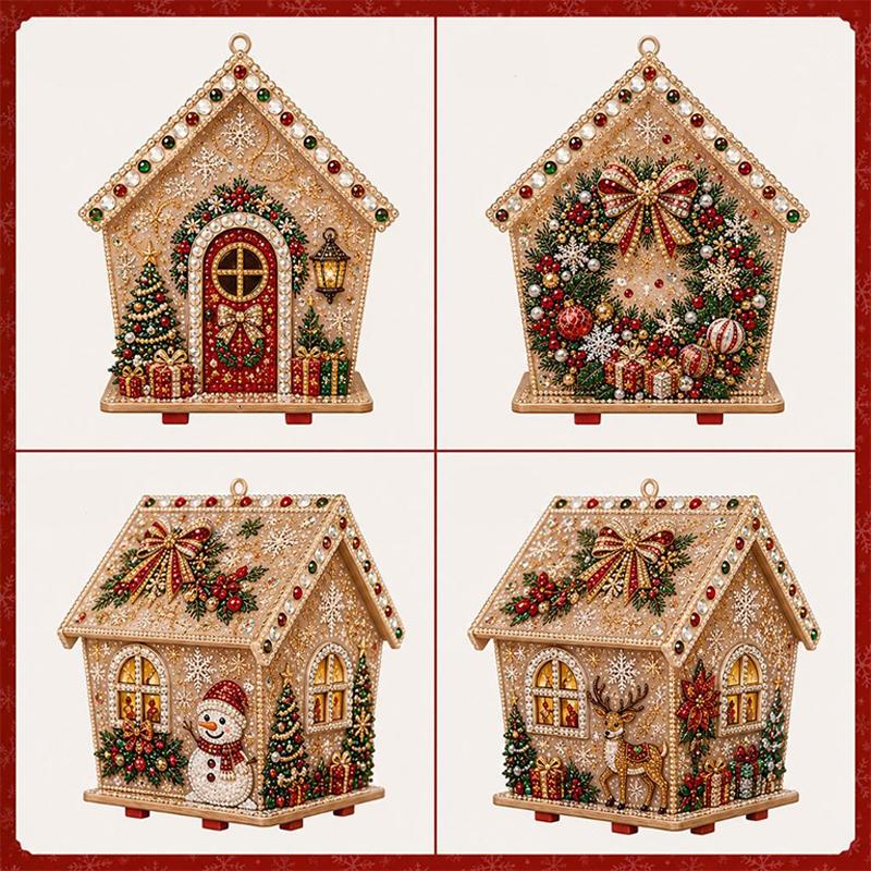 Christmas DIY Pearl Bead Art House Decoration Kit Wooden House Diamond Painting Handcraft Set Santa Snowman Xmas DIY Craft Kit