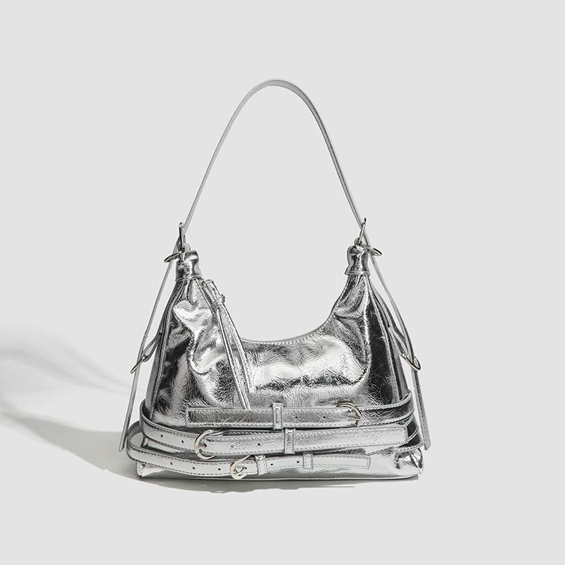 

Vintage Texture Commuter Bag for Women 2025 New Hot Girl Style Motorcycle Underarm Bag Fashionable Versatile Shoulder Bag for Women серебряный