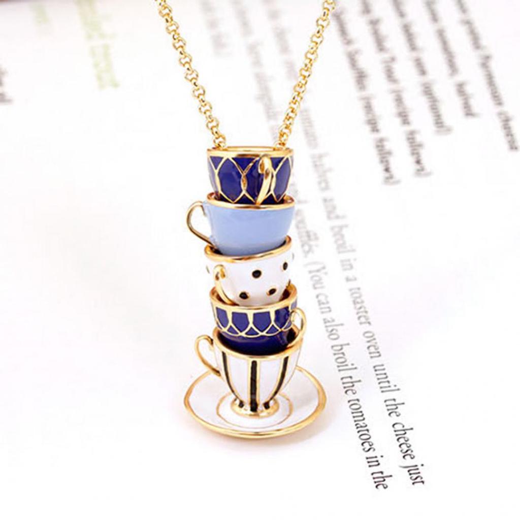Women Fashion Hand Painted Enamel Teacup Pendant Necklace Long Chain Jewelry