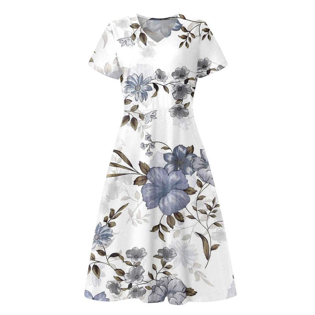 Women's Summer Casual Fashion Print Pocket Short Sleeve V-Neck Swing Dress