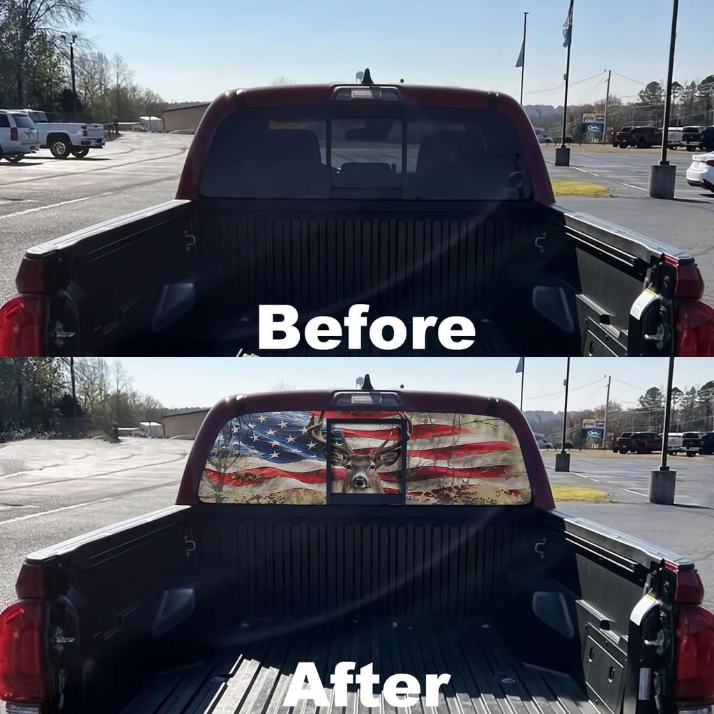 American Flag Truck Rear Window Decals - Deer Perforated Vinyl See-Through Stickers, Gifts For Men, Dad, Boyfriend, Truck Owners, Easy To Tall, UV