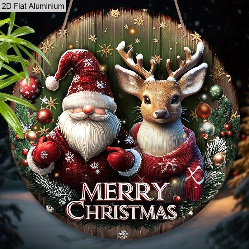 Panneau de Noël Plat en Aluminium 2D avec Motif Père Noël et Élan - Ornements Figurines Rustiques - Idéal pour Porte d'Entrée, Mur, Porche, Décoration de Fenêtre - Idéal