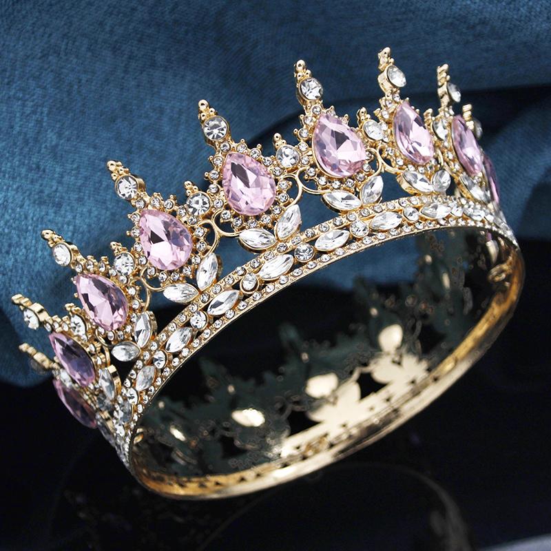 Baroque Round Crown for Bridal Wedding Royal Queen King Tiara Birthday Party Performance Head Accessories Diadem Jewelry