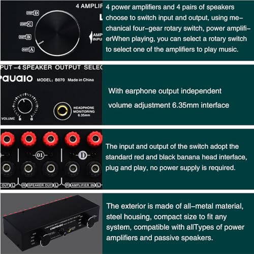 Btuty Speaker Selector Switch, Amplifier Speaker Selector Switch, 4 Input/4 Output Power Amplifier Speaker Selector Switch, 300W/Channel Speaker Switc