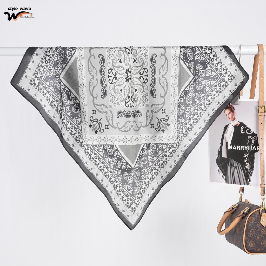 Retro Printed Silk Satin Square Scarf - Versatile Headscarf or Neck Scarf for Spring/Summer Sun Protection