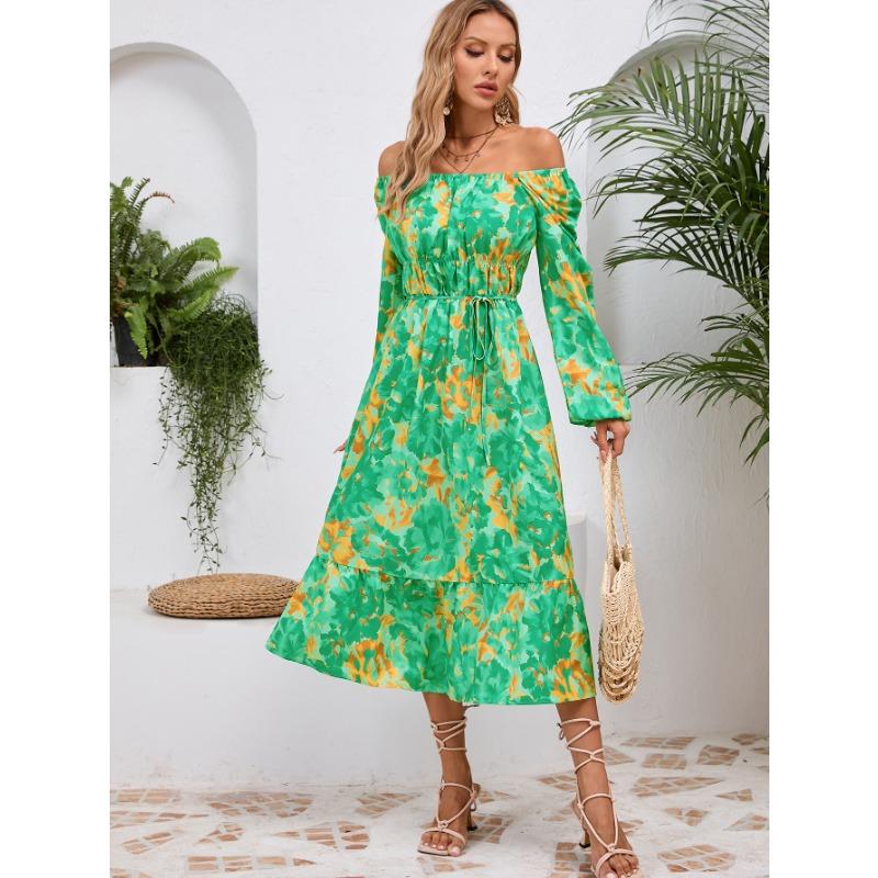Spring and Autumn Women's Long Sleeve Printed Dress Slim Temperament Mid-Length Dresses