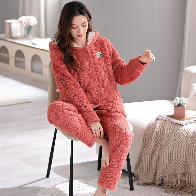 Pajamas Women'S Winter Coral Fleece Flannel Padded Jacket Three-Layer Thickened Fleece Can Be Worn Outside Loungewear Warm Suit