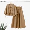 ZANZEA Women Summer Round Neck Long Sleeve Tie Blouse A-Line Skirt Sets