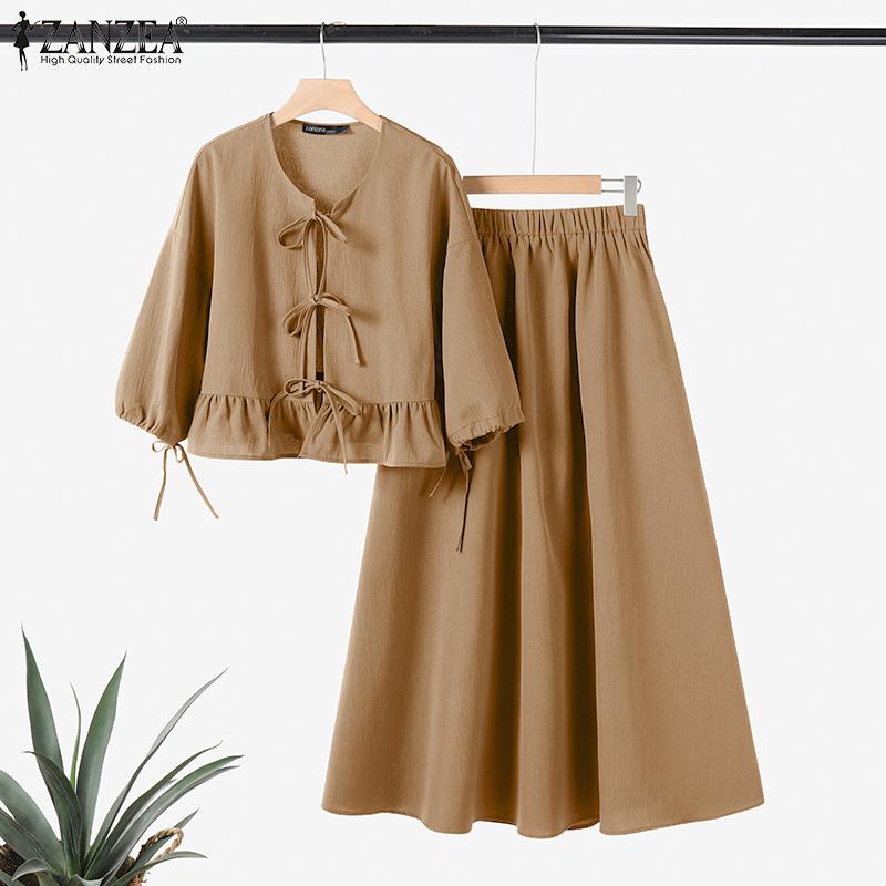 ZANZEA Women Summer Round Neck Long Sleeve Tie Blouse A-Line Skirt Sets