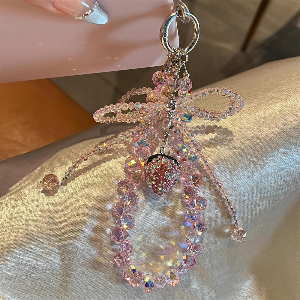 Luxury Crystal Strawberry Rhinestone Beaded Bead Phone Bracelet Strap Charm Chain Knot Cellphone Lanyard Keychain Bag Camera Key
