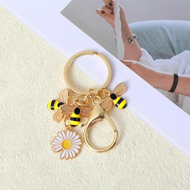 2Pcs Flower Bees Keychain Zinc Alloy Stylish Rustproof Keyring Nature Inspired Jewelry Accessory For Women Men Gift