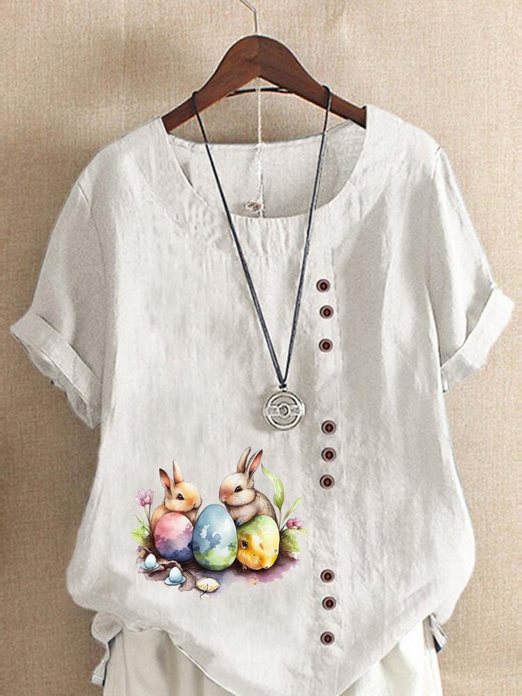 Women's Fashion Rabbit Print Casual Cotton Linen Short Sleeve Round Neck T-shirt Shirt Leisure Loose Summer Blouse Tops