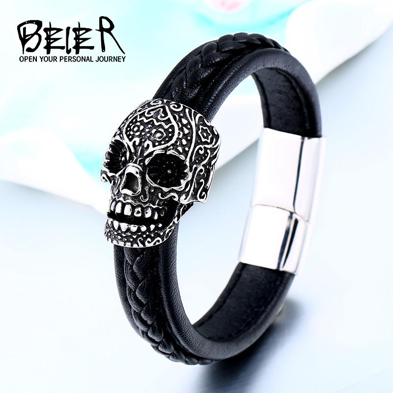 

Beier 316L Stainless Steel Men s High Quality Leather Skull Bracelet Punk Biker Fashion Gift LLBC-L023L 18cm