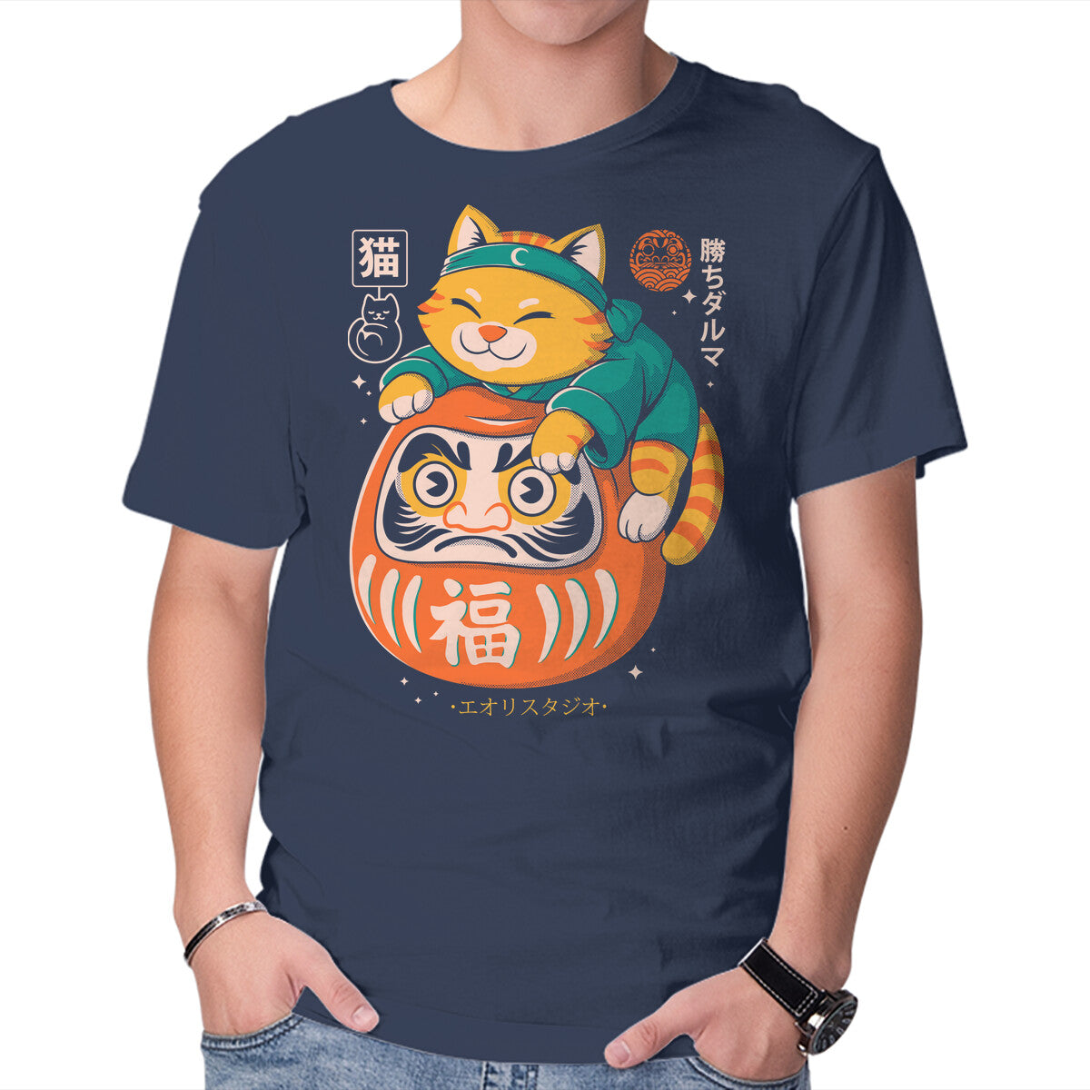 Unisex Crew Neck T-Shirt Neko Daruma Hug Graphic Short Sleeve Casual Tee S
