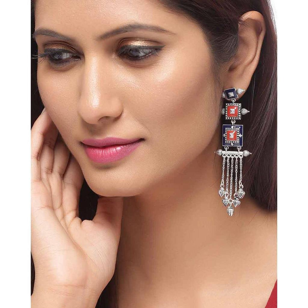 Ohrringe aus oxidiertem Messing und Silber mit Mandala-Muster, mehrlagig, quadratisches Design, Quasten für Frauen und Mädchen