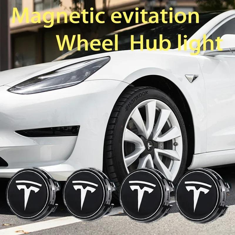 HRDAJ1 4PCS Tesla Model 3 S X - 4PCS 57mm Magnetic Levitation Wheel Center Cap Covers, Floating Logo Hub Emblem Kit, Tesla Accessories