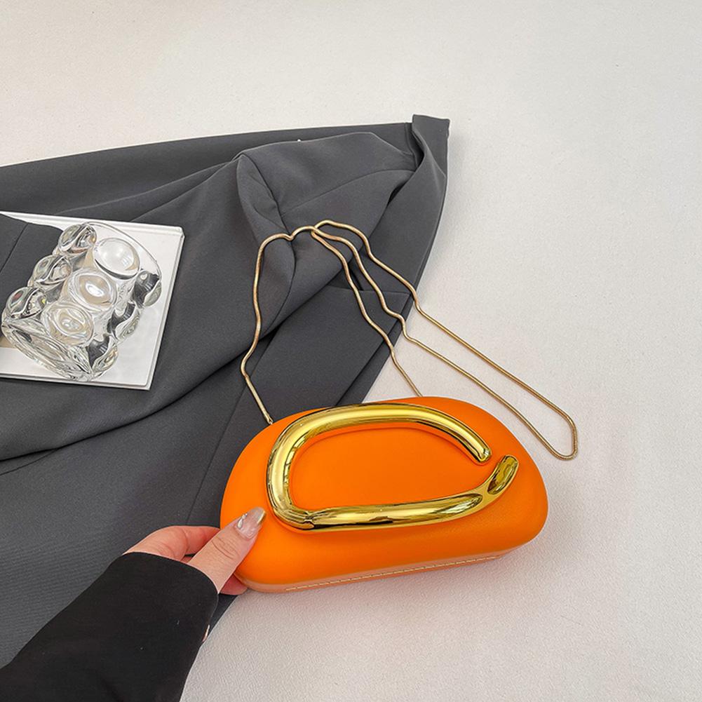 Women PU Leather Metal Handle Handbag with Chain Metal Decoration Evening Bag Hand-held Shoulder Clutch Bag for Evening Dinner