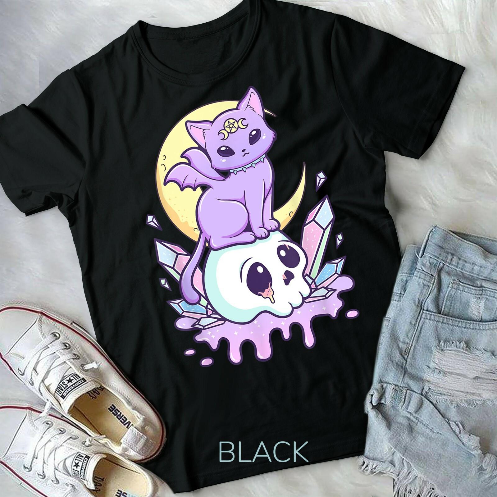 Kawaii Pastel Goth Cute Creepy Witchy Cat Skull Vaporwave Aesthetic T-shirt M