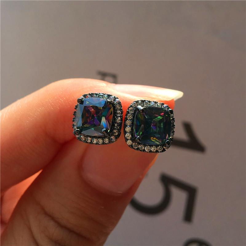 Female Black Square Stone Earrings Silver Color Stud Earring Vintage Wedding Jewelry For Women