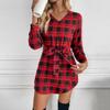 Sommer Damen Kariertes Langarmkleid V-Ausschnitt Hohe Taille A-Linie Schnürung Kurzes Kleid Frühling Mode S-XL
