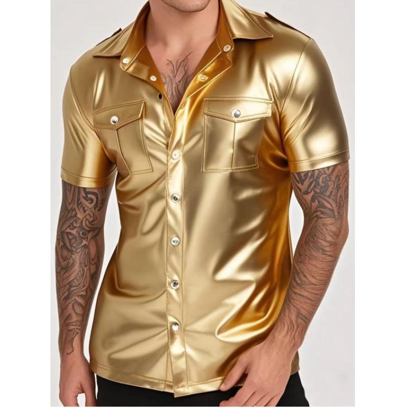 Herren Kurzarm Custom Street Style Hemd mit Knöpfen Motorradjacke für Partys, Alltag und Club-Outfits