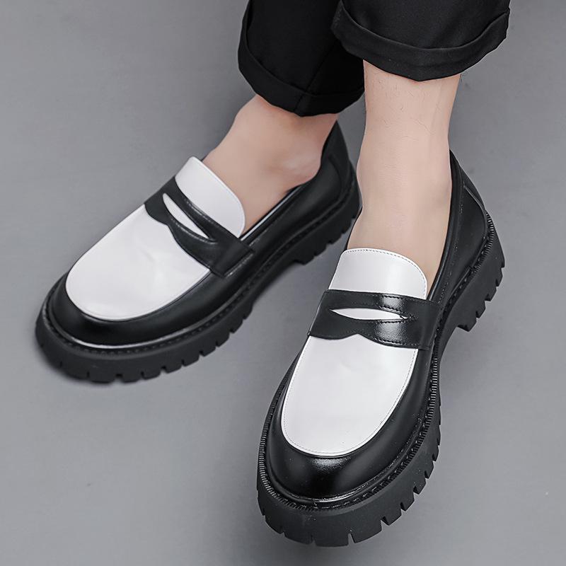 Four Seasons Men's Thick-Soled Black & White Tassel Loafers – Low-Top Leather Casual Shoes
