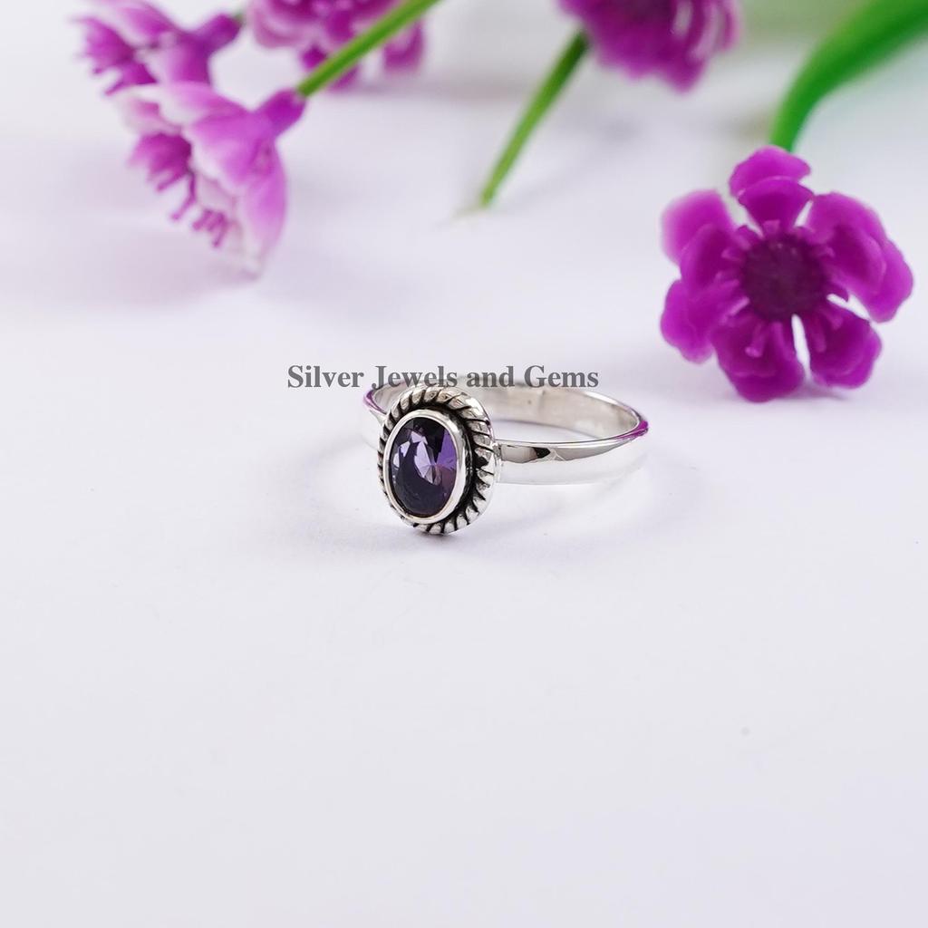 Natural Amethyst Ring, Handmade Dainty Ring, 925 Sterling Silver Ring, Oval Gemstone Ring, Gift for Mom, February Birthstone