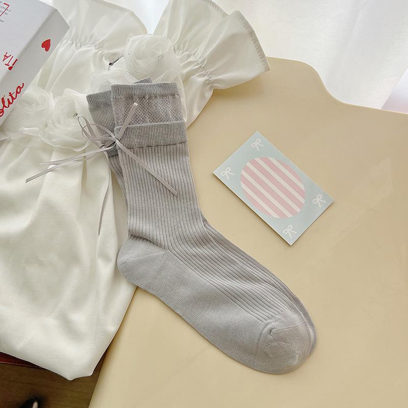 Female Spring and Summer Thin Heel Bow Ballet Style Solid Color Boneless Tube Stack Socks